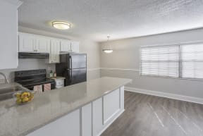 a kitchen with white cabinets and a granite counter top