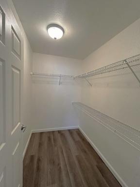 A white hallway with wood floors and a white door.