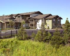 A row of houses with a green fence in front.