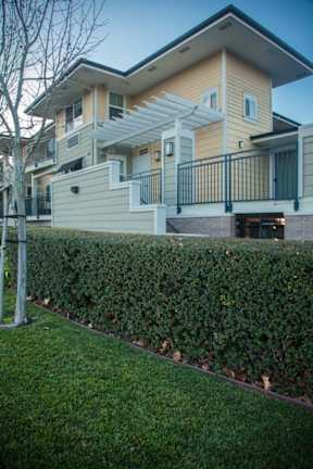 A house with a hedge in front of it.