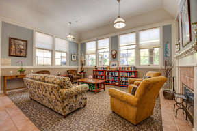 A living room with a sofa, chair, and bookshelf.