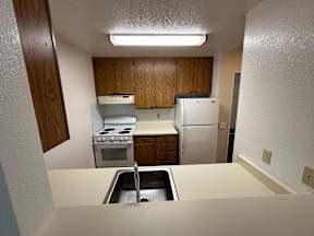 A kitchen with a sink, stove, and refrigerator.