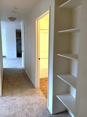 A hallway with a white door and shelves on the right.