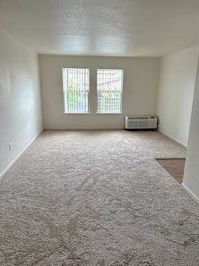 A room with a carpeted floor and a window with blinds.