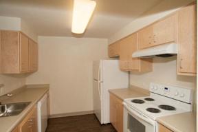 A kitchen with a stove, sink, and cabinets.