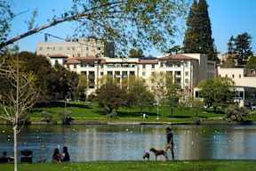 A man and a woman are sitting by a lake with a dog.