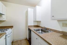 A kitchen with a stove, sink, and cabinets.at Terra Linda Manor, San Rafael, 94903