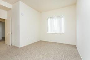 A white room with a door and a window with blinds.