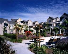 A man is sitting on a bench in a park with houses in the background.