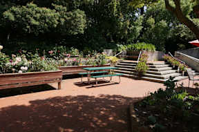 A park with a bench and a table surrounded by trees.