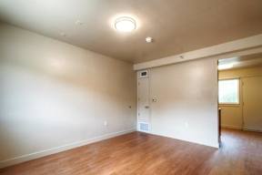 A room with wooden floors and a ceiling light.