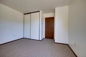 A room with a carpeted floor and a brown door.
