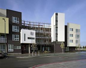 A modern building with a mix of brown and white exterior.