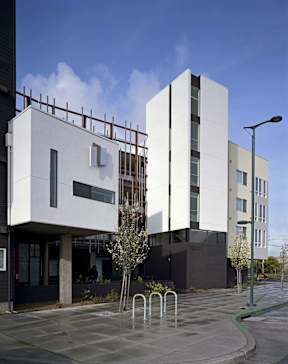 A modern building with a white facade and a tree in front of it.