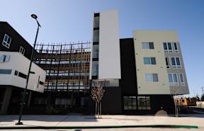 A modern building with a black and white exterior and a tree in front.