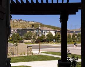 A view of a residential area through a wooden pergola.