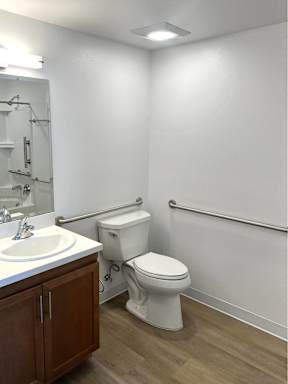 A white toilet sits in a bathroom next to a sink.