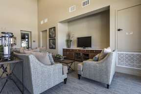 A living room with a grey couch and a television.