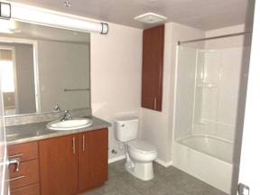 A bathroom with a toilet, sink, and shower.