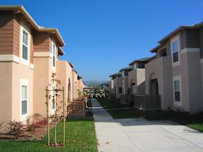 A row of houses with a clear blue sky above them.