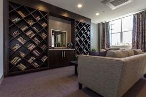 A living room with a large bookshelf and a couch.