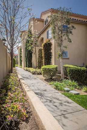A long, narrow sidewalk runs down the center of a tree-lined street.