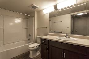 A bathroom with a toilet, sink, and mirror.