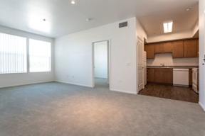 A large empty room with a kitchen area in the back.