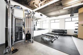 a fitness room with weights and cardio equipment and windows
