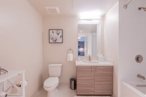 San Rafael, CA Apartments For Rent - Bathroom With High Ceiling, Vanity Mirror, Stunning Cabinetry With Soft-Close, Sink, Toilet, And A Shower And Tub Combo.