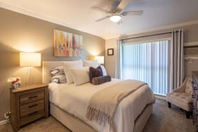 Three BR Apartments in Downtown Walnut Creek CA - Walnut Hill - Bedroom with Plush Carpeting, Queen Bed, and Ceiling Fan