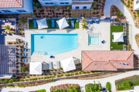 Dog-Friendly Apartments in Livermore, CA - Ageno - Ariel View of Sparkling Pool, Lounge Chairs, Jacuzzi, and White Cabanas