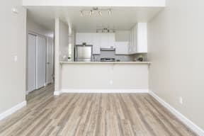 View of kitchen from living area with plank flooring