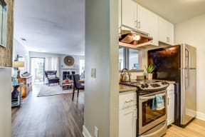 Apartments in Pittsburg CA - Spacious Kitchen with Stylish Interior and Modern Amenities Such as Microwave, Stove, and Refrigerator