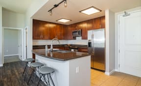 Midtown Sacramento, CA Apartments for Rent- The Penthouses at Capitol Park- Kitchen with Stainless-Steel Appliances, Dark Wood-Style Cabinets, and Breakfast Bar