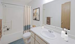 A bathroom with a toilet, sink, and shower.