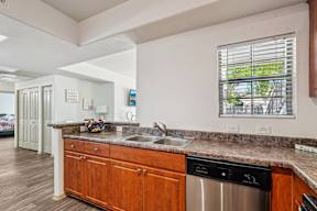 A kitchen with a stainless steel dishwasher and wooden cabinets.