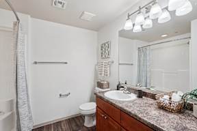 Two Bedroom Apartments in West Phoenix, AZ - Del Mar - a Bathroom with a Sink and Spacious Countertop, Brown Cabinetry, a Large Mirror, a Shower with a Tub and Gray Shower Curtain, and a Wall-Mounted Towel Rack