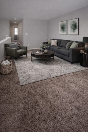 A living room with a grey couch, a coffee table, and two chairs.