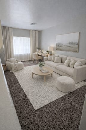 A living room with a white couch, a coffee table, and a painting on the wall.