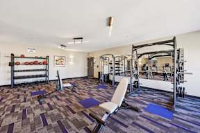 A gym with a variety of equipment including weights and weight machines.