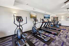 A gym with a row of treadmills and elliptical machines.