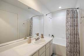 A bathroom with a white sink and a shower with a curtain.