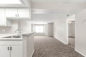 A white kitchen with a sink and a carpeted floor.