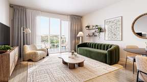 A living room with a green sofa, a coffee table, and a large window with curtains.