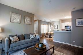A living room with a grey couch and a wooden coffee table.