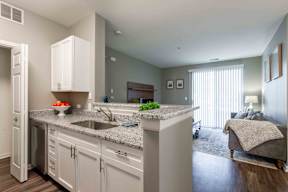 A kitchen with a granite countertop and a sink.