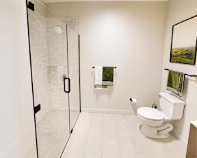 A white toilet sits next to a walk-in shower in a bathroom.