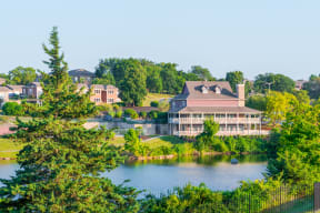 a view of a building overlooking a body of water