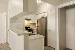 A kitchen with a refrigerator, sink, and cabinets.